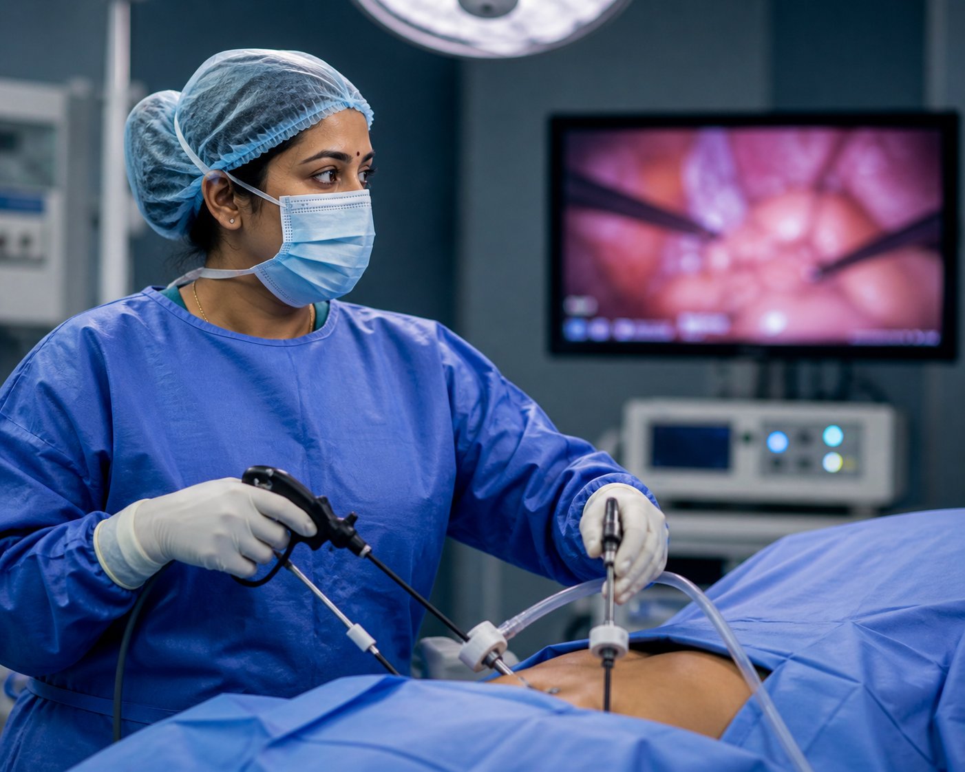 Indian female surgeon performing laparoscopic surgery