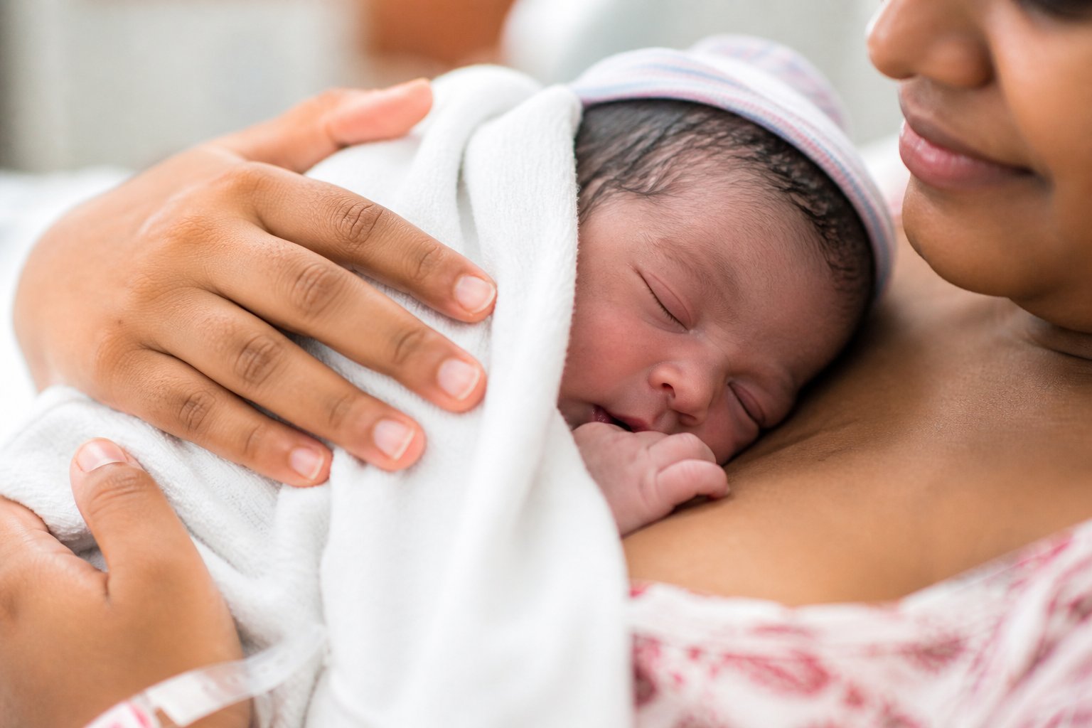 Mother holding newborn baby after delivery