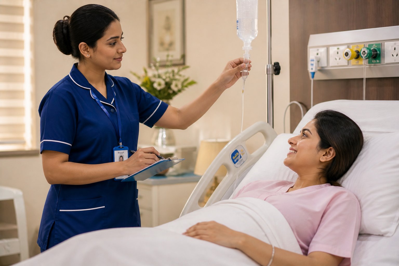Indian nurse attending female patient in hospital ward