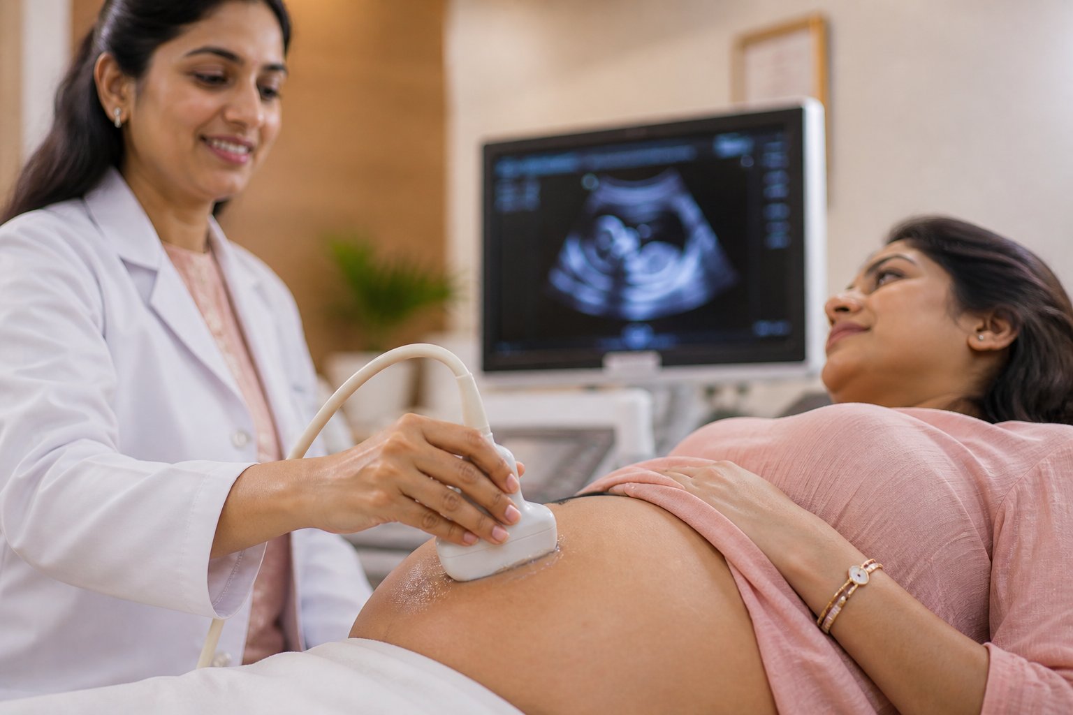 Indian doctor performing obstetric ultrasound sonography